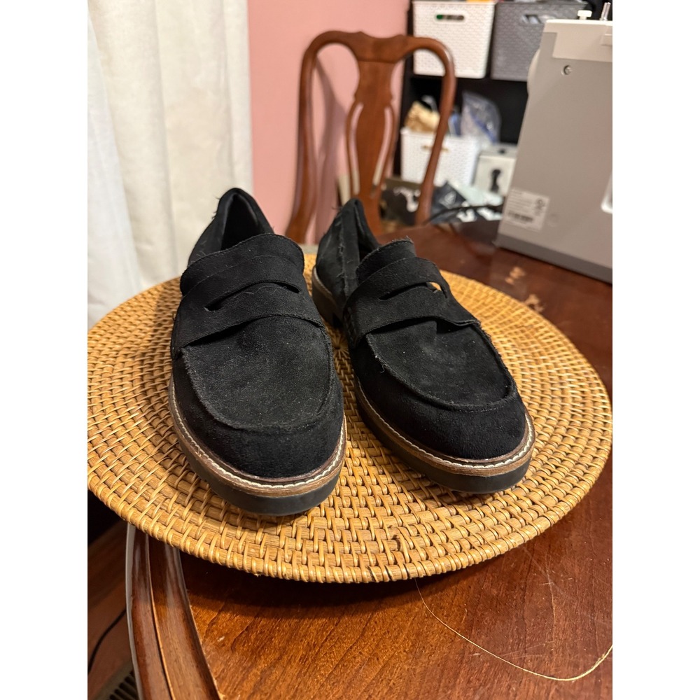 Anne Klein Everly Black Suede Penny Loafers Womens 10M AKEVERLY Lug Sole Slip On